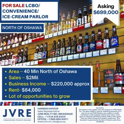 LCBO, CONVENIENCE STORE & ICE CREAM PARLOR FOR SALE- IN NORTH OF OSHAWA 40 Minutes North of Oshawa,...