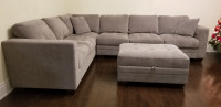 3-piece Tufted Fabric Sectional with Storage Ottoman, Grey