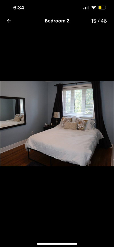 Queen bed with platform frame and all accessories, View more