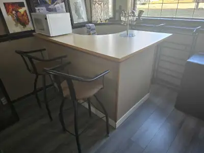 Wrap around bar with bar tap and 2 bar stools, View more