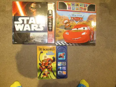 Son has outgrown. All still make noise and flashlight lights up. Star Wars is a pop up and one page...