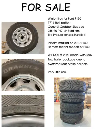 17” General Grabber studded tires 265/70. In like new condition with newly installed sensors. On For...