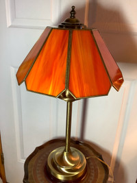 Vintage/Retro Eight Panel Orange Lucite & Brass Triple Lit Lamp