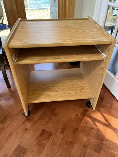 Wooden desk with keyboard try, View more