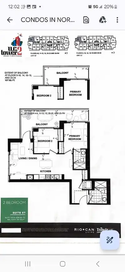 829 sq ft unit with 2 bed , 2 baths and a large oversized 207 sq ft Terrace and one underground park...