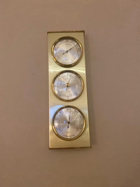 Vintage brass and wood barometer, thermometer&hygrometer.10.5”.