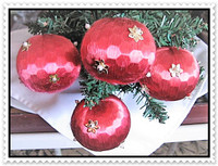 4 RED INDENTED SATIN BALL CHRISTMAS TREE ORNAMENTS