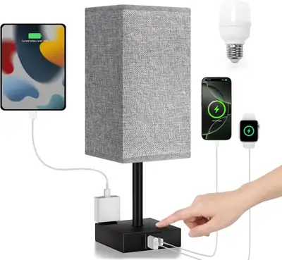 Fenmzee Grey Touch Bedside Lamp w/ USB-C/A + AC Outlet, View more