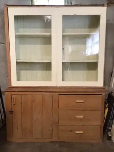 Large Antique Farmhouse Kitchen Pine Step-Back Cupboard Pantry, View more
