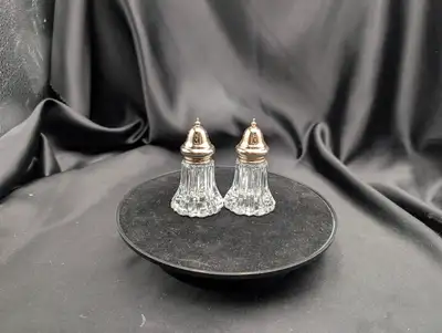Vintage Clear Glass Salt and Pepper with Metal Gold Tone Lids, View more