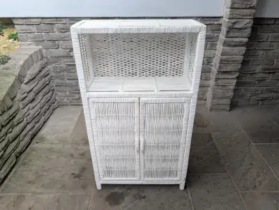 Vintage White Wicker Shelf Cabinet, View more
