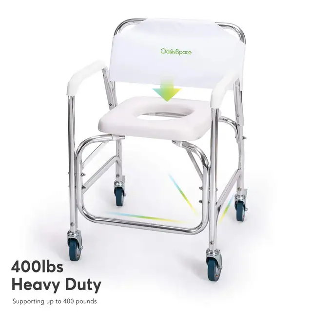 OasisSpace Rolling Shower Chair 400 lb, Rolling Commode Transpor