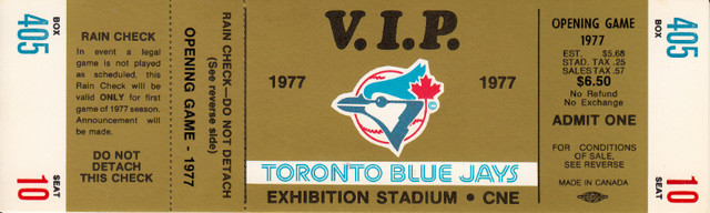 1977 Toronto Blue Jays 1st Opening Day Ticket - VIP $6.50 Level in Arts & Collectibles in Hamilton