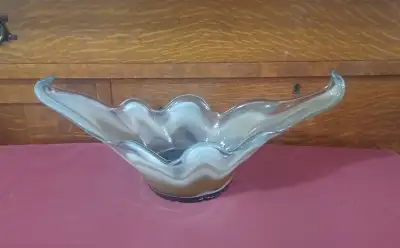 Murano Style Hand Blown Oblong Amber and White Art Glass Dish, View more