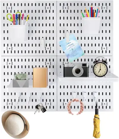 White Pegboard Wall Organizer -4PCS Versatile Hanging Board for Desk, Office & Gaming Setup - Space-...