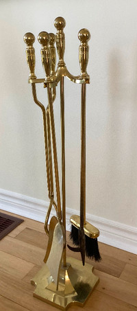 PRICE DROP! Vintage 5-Piece Lacquered Brass Fireplace Tool Set