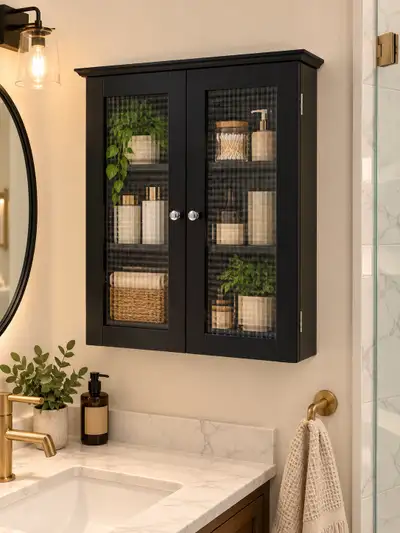 Large Modern Black Wall-Mounted Medicine Cabinet – Glass Doors, View more