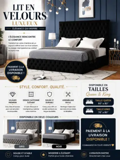 Lit en velours luxueux disponible en tailles Queen et King, View more