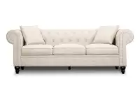 DESIGNER LINEN ROLLED ARMS CHESTERFIELD SOFA FREE DELIVERY.