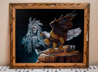 Vintage Native Chief & Bald Eagle Velvet Painting