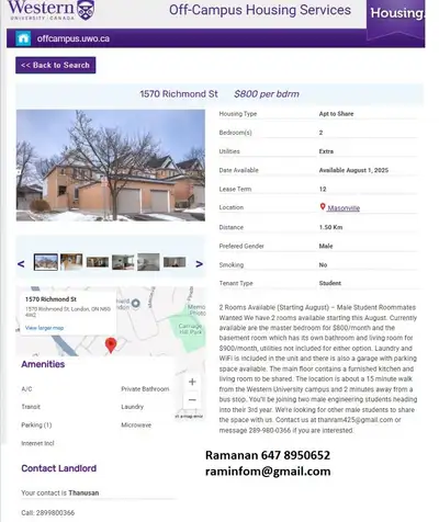 ROOM RENTAL FOR STUDENT IN LONDON ONTARIO, WESTERN UNIVERSITY