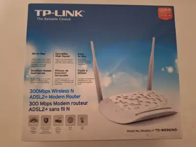 300Mbps Wireless N ADSL2+ combination Modem Router. 4 port switch. Comes with AC adapter, instructio...
