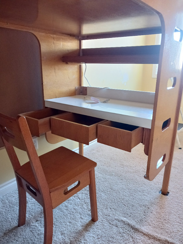 Handmade oak loft bed with desk and shelves – circa 1980s in Beds & Mattresses in Saskatoon - Image 4