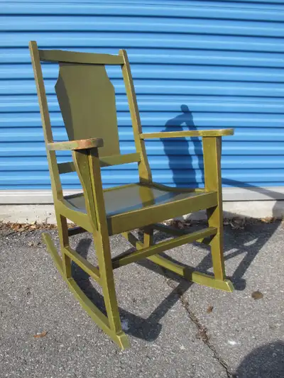 Vintage green small rocking arm chair hardwood w cushions c1960s, View more