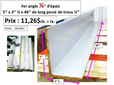 Fer angle 1/4'' d'épais x 5'' x 3'' 1/2 x 46'' usagés et autres, View more