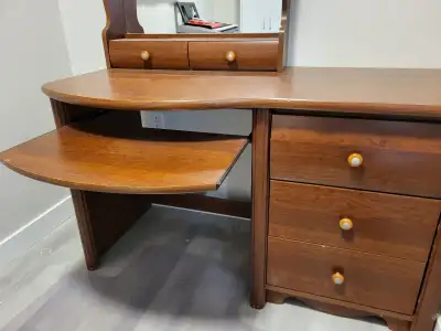 Solid piece of office furniture. Wood desk with coputer shelf and mirror. Mirror is detachable. In g...