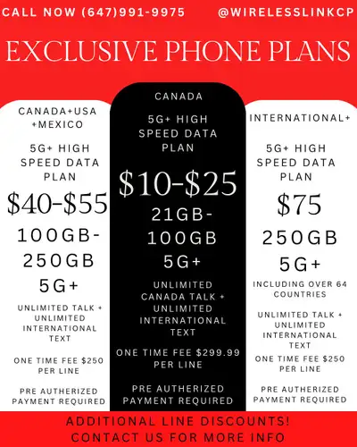 CALL NOW (647)991-9975 @WIRELESSLINKCP EXCLUSIVE PHONE PLANS CANADA+USA + MEXICO 5G+ HIGH SPEED DATA...