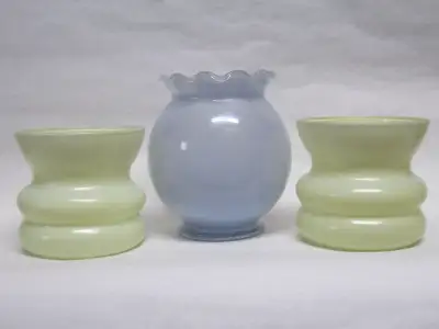 vases are priced $ 15.00 EACH vintage small glass vases 2 matching in yellow or 1 blue with ruffeld...