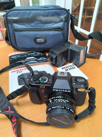 Vintage Pentax P3 35mm film camera, flash, Optex bag