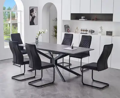 Modern 7 Piece Extendable Grey Marble Dining Set with Black Chai, View more