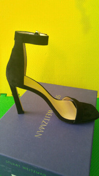 Stuart Weitzman 100 square nudist Black Suede Sandal Heels M9.5