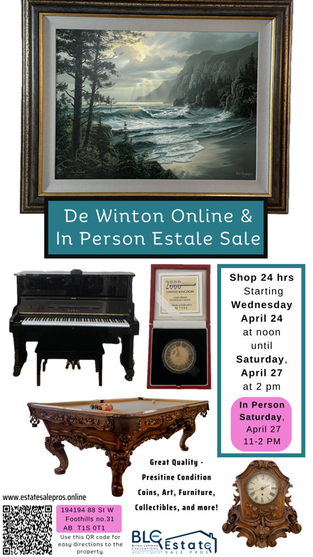 De Winton Online and In Person Estate Sale April 22- 27 in Garage Sales in Calgary