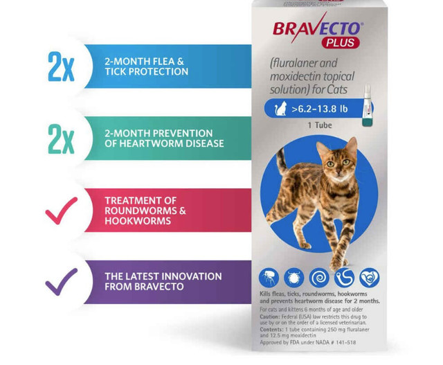 Bravecto Plus for Medium Cats - Flea, Tick, Worm Control in Accessories in City of Halifax