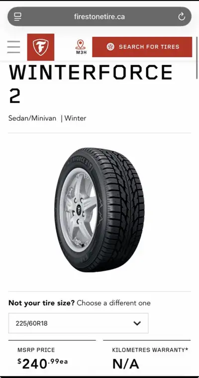 Selling a set of 4 Winterforce 2 Firestone winter tires, size 225/60R18, with 4 black steel rims. Th...