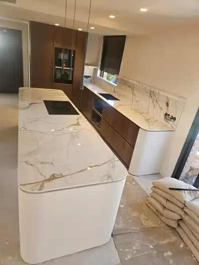Luxury Calacatta Gold Quartz Countertops & Curved Islands - SALE, View more