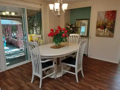 Modern dining table and 6 chairs with extra leaf. Too big for my next home. It is in storage so will...