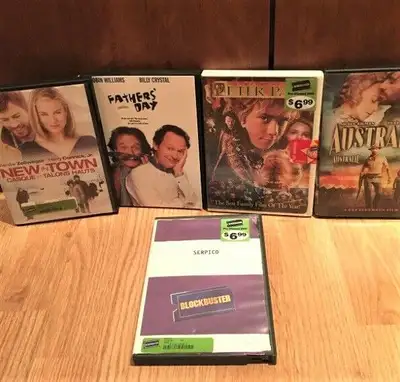 DVDs in cases for sale - $4 each. Peter Pan, Australia, Father's day, New in town, Serpico