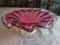 RUFFLED, FOOTED CRANBERRY GLASS BOWL - SILVER CREST RIM
