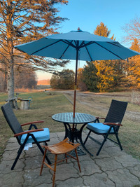 6 Piece Patio Set, Cast Table & Umbrella Base, Umbrella, Etc