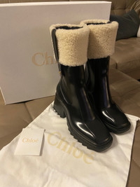 Chloe Betty shearling rain boots size 37 black