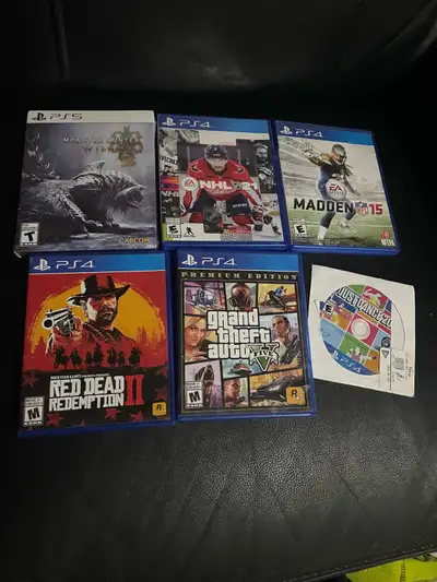 15$/each Selling a collection of used PS4 and PS5 games, including Monster Hunter Wilds (PS5), NHL 1...