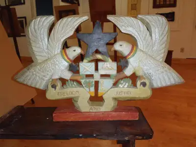 LARGE GHANAIAN HAND CARVED / PAINTED FREEDOM AND JUSTICE PLAQUE, View more
