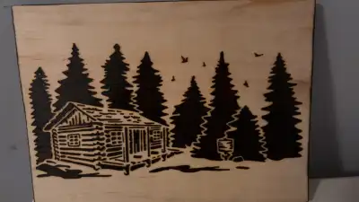 Burned wood cabin sign, View more