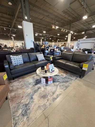 CLEARANCE SALE: Genuine Leather Sofa and Loveseat - Charcoal, View more