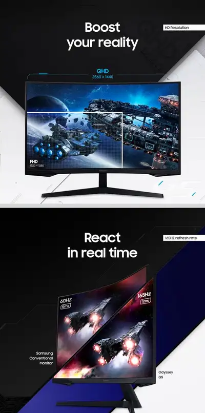 Samsung 32" Odyssey 165Hz 1ms QHD G55C HDR10 2560x1440 Less Flic, View more