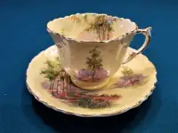 Aynsley Fluted Yellow Teacup & Saucer With Forest Scene #42